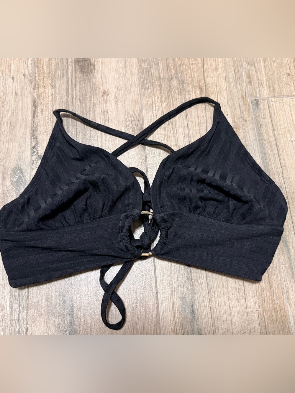 Black Xhilaration bikini top with gold ring detail, size Large